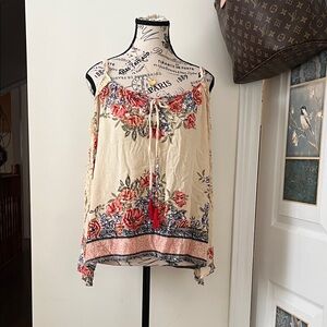 Angie Cream Floral Embroidered Boho Off-Shoulder Sleeved Blouse with Tassel Tie